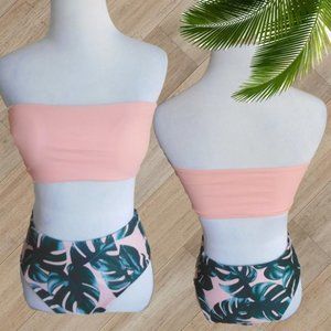 PEACH GREEN PRINT BANDEAUX TWO PIECE SWIMSUIT